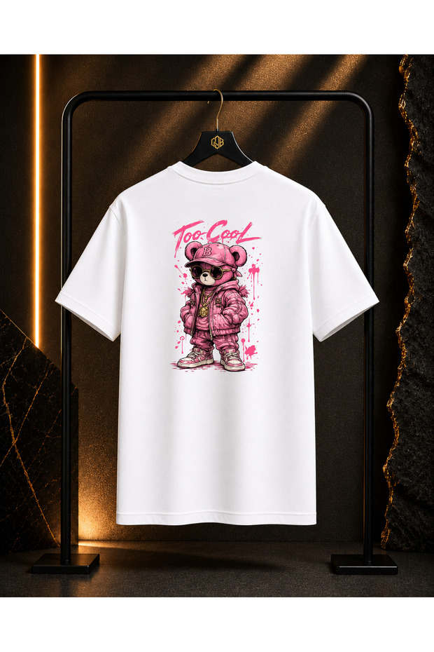 Unisex Too Cool Pink Bear Back and Front Printed 100% Cotton Oversize Crew Neck Short Sleeve T-Shirt White