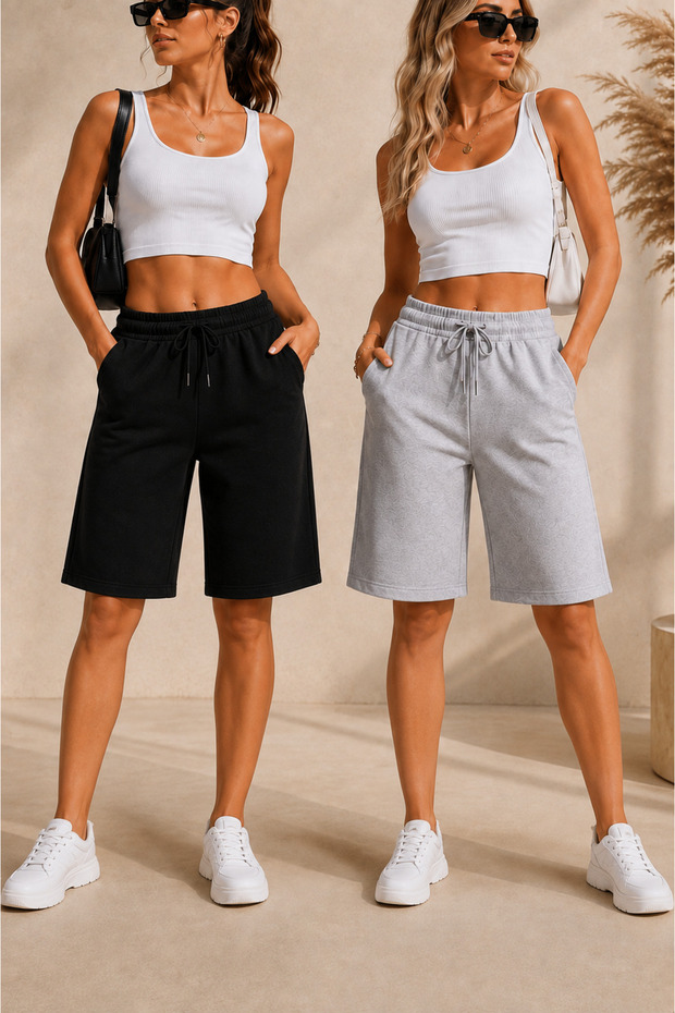 Double Black Gray Shorts Women's Summer High Waist Cotton Home and Outdoor Wear Shorts Set