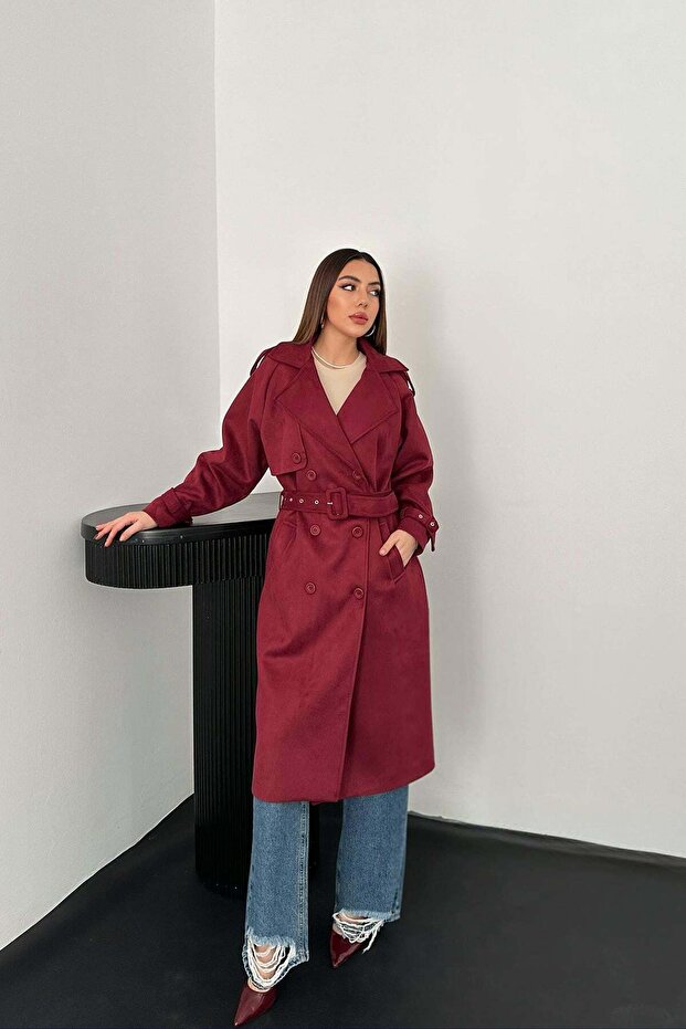 Women's Burgundy Suede Trench Coat Raglan Sleeves Double Breasted Belted Midi Lined