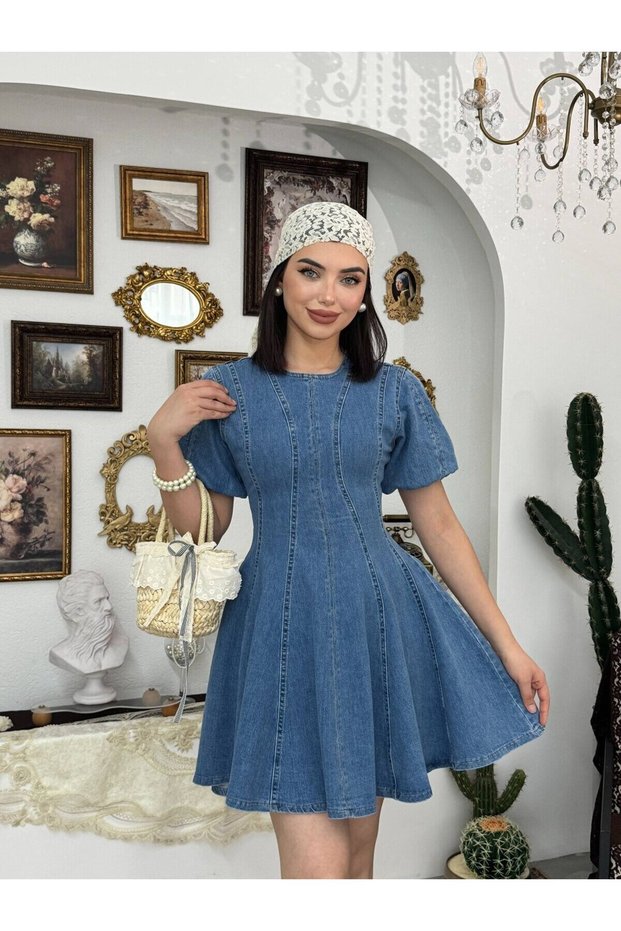 Women's Dark Blue Mini Denim Dress with Balloon Sleeves, Crew Neck, and Stitching Detail
