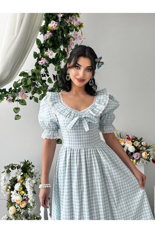 Women's Blue Midi Dress with Plaid Pattern, Ruffle Collar, Balloon Sleeves and Lace Detail