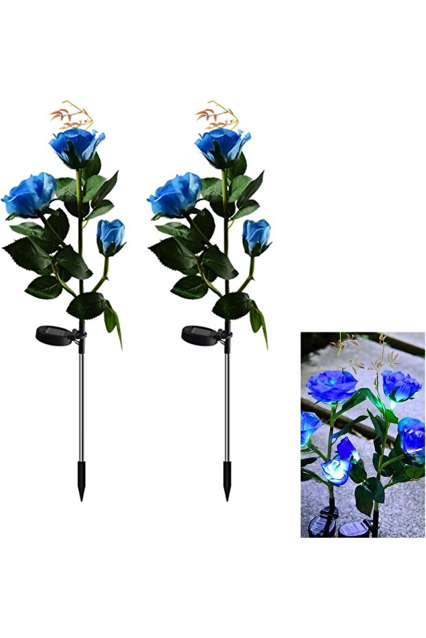 Two solar-powered LED decorative landscape lights for gardens, featuring simulated rose designs (blue - 3 rose heads).