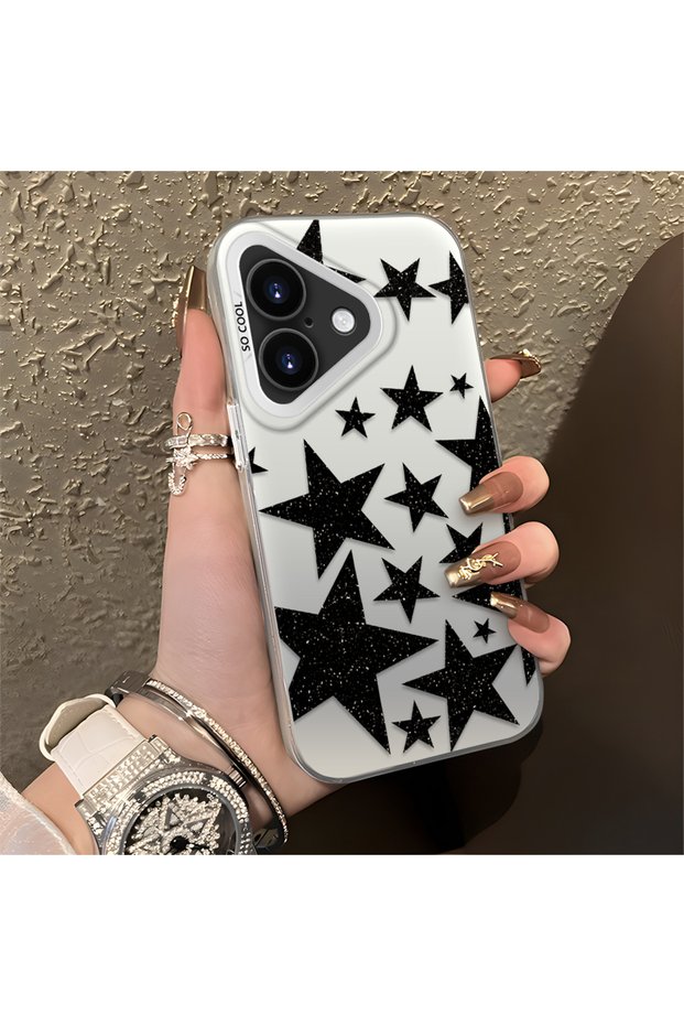 iPhone 17 Compatible High-Quality Flat Print Black Star Pattern Cool Silicone Phone Case