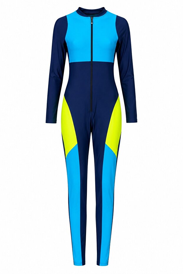Women’s One-Piece Full-Coverage Swimsuit with Long Sleeves, Full-Length Legs, Colour-Block Design and Front Zipper