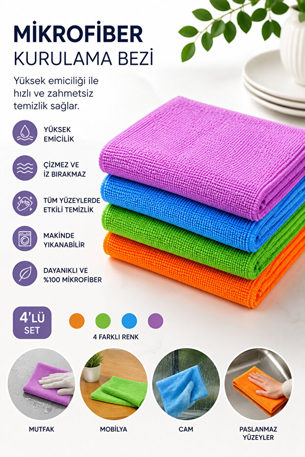 Microfiber Drying Cloth Set of 4, 40X60 cm Multi-Purpose Cleaning Cloth Glass Kitchen Bathroom Cloth