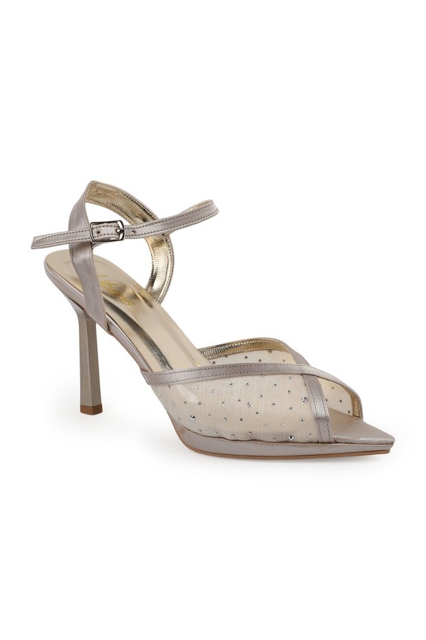 Women's Thin Heeled Sandals with Stone and Tulle Detail, Wedding Dress and Evening Shoes L067.115