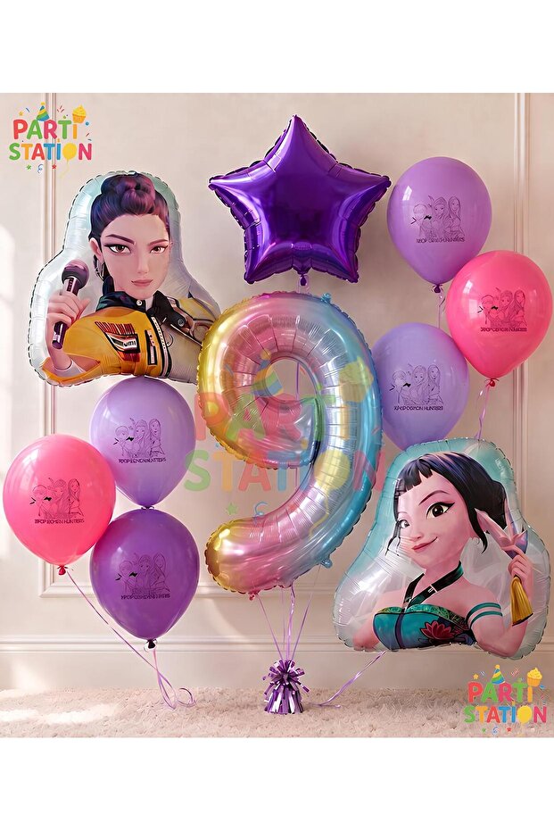 Kpop Themed 9 Year Old Balloon Set 10 Piece Demon Hunters Balloon Set