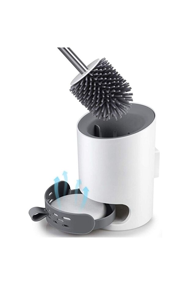 Silicone toilet brush set, wall-mounted, floor-standing, stainless steel long-handled, quick-drying holder, for bathrooms.