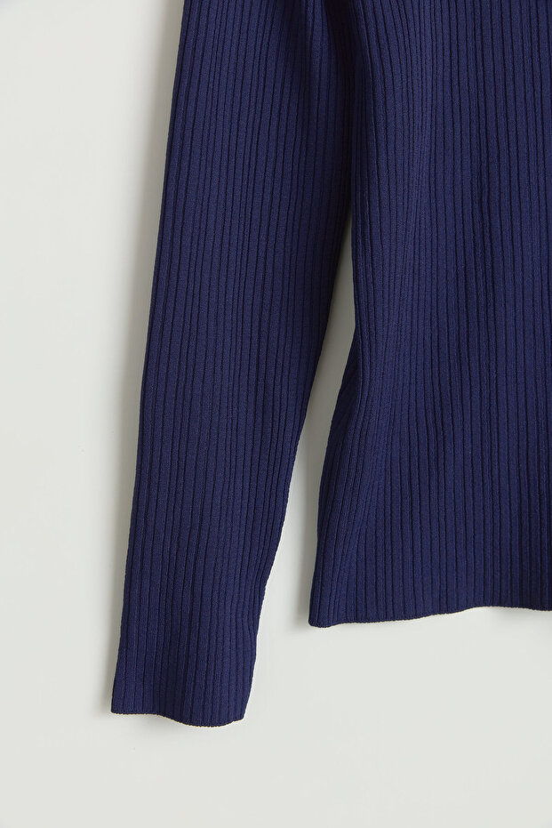 Ribbed Knitwear Rayon Blouse - Navy Blue