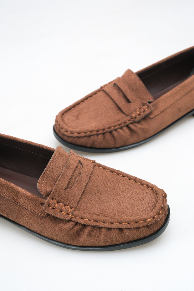 Natalia Brown Suede Women's Casual Soft Textured Oval Toe Moccasin Stitched Drawstring Loafer Shoes
