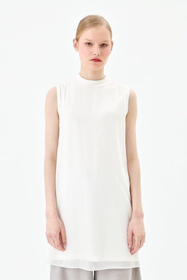 Chiffon Front Sleeveless Combed Cotton Undergarment - Ecru