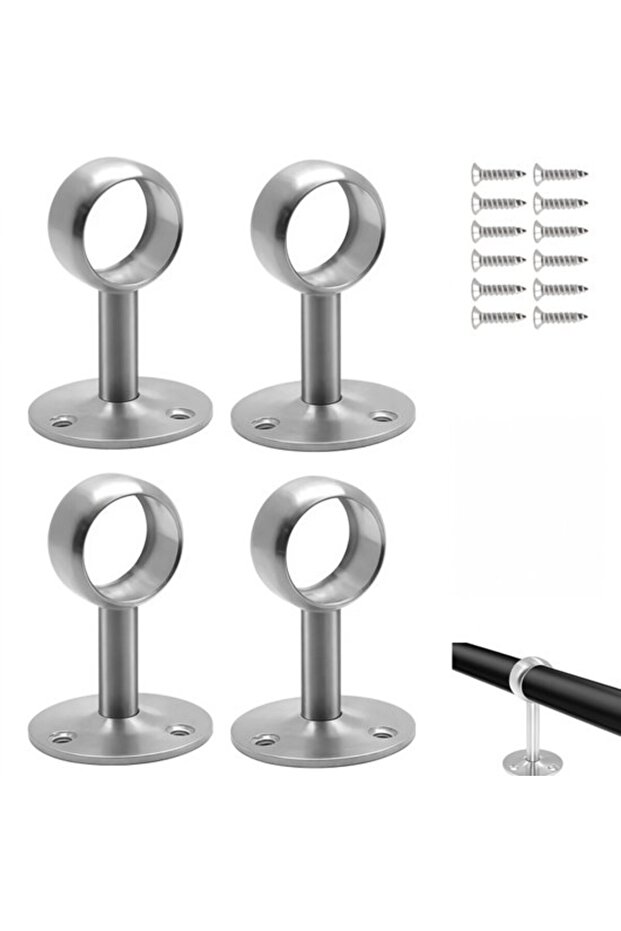 4-Piece Silver Adjustable Stainless Steel Curtain Rod Ceiling Brackets, Cabinet Rod Flange Brackets for 25mm Round Tubes
