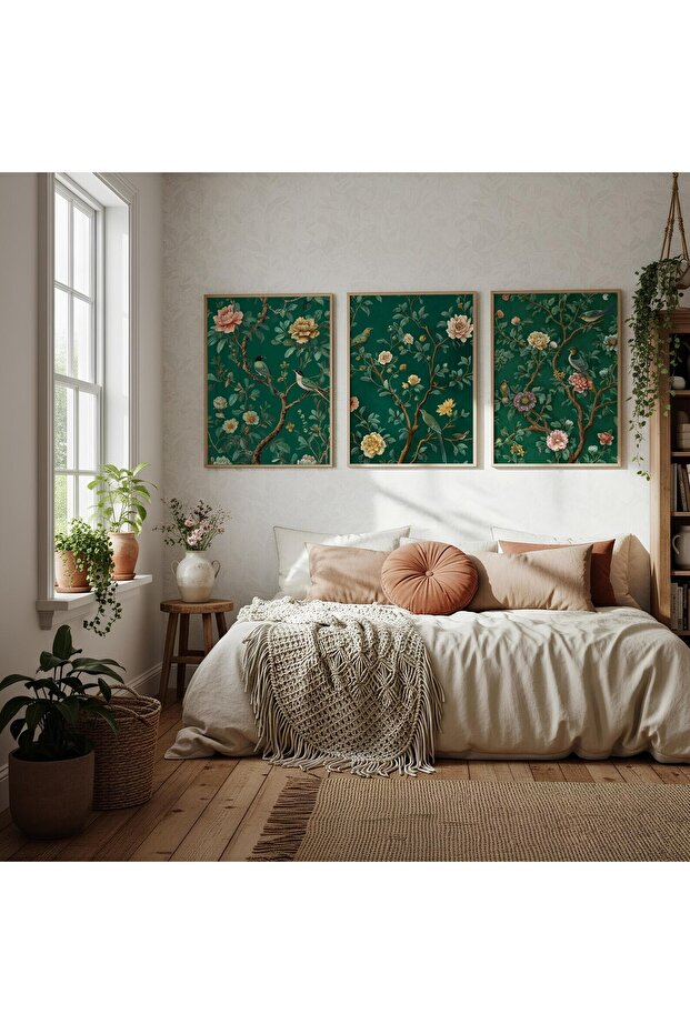 Wooden Framed 3-Piece Painting Emerald Green Qmrc
