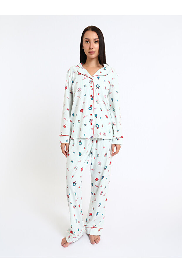 Button-Down Collar Printed Women's Pyjama Set
