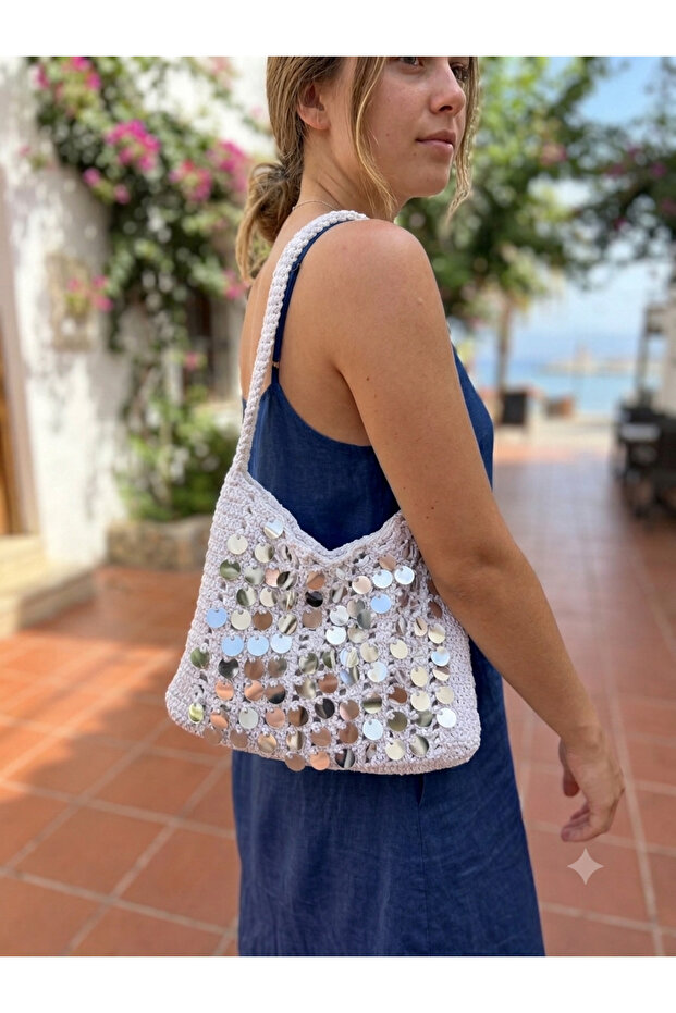 Women's Cotton Macrame Sequin Shoulder Bag - Lined Inside, Summer Bohemian Design