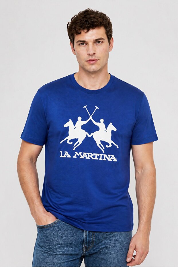 Men Crew Neck Short Sleeve Brand Logo T-Shirt, Blue