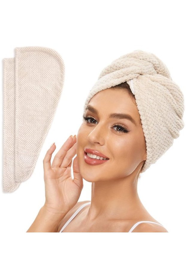 2 Pack Microfiber Hair Towel Wrap for Women, Anti-Frizz Fast Drying Hair Turban for All Hairstyles, Absorbent and Lightweight (Beige)