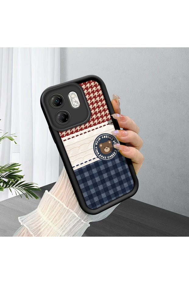 Infinix Hot 50I Compatible Cute Bear Protective Case, Mix of Plaid and Lines, Impact Blocking