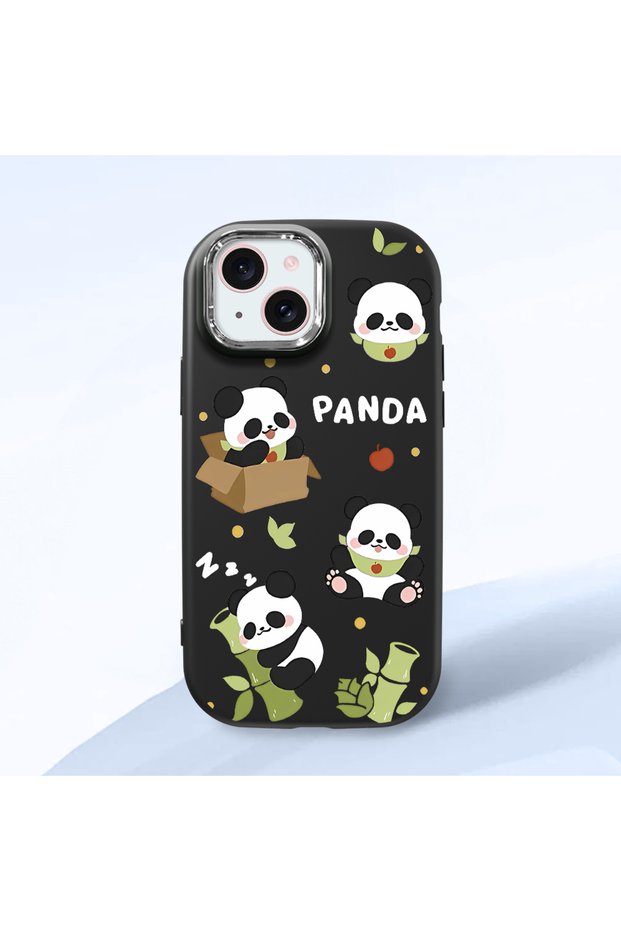 iPhone 15 Compatible Case Camera Protector Black Silicone Couple Phone Case Panda Patterned