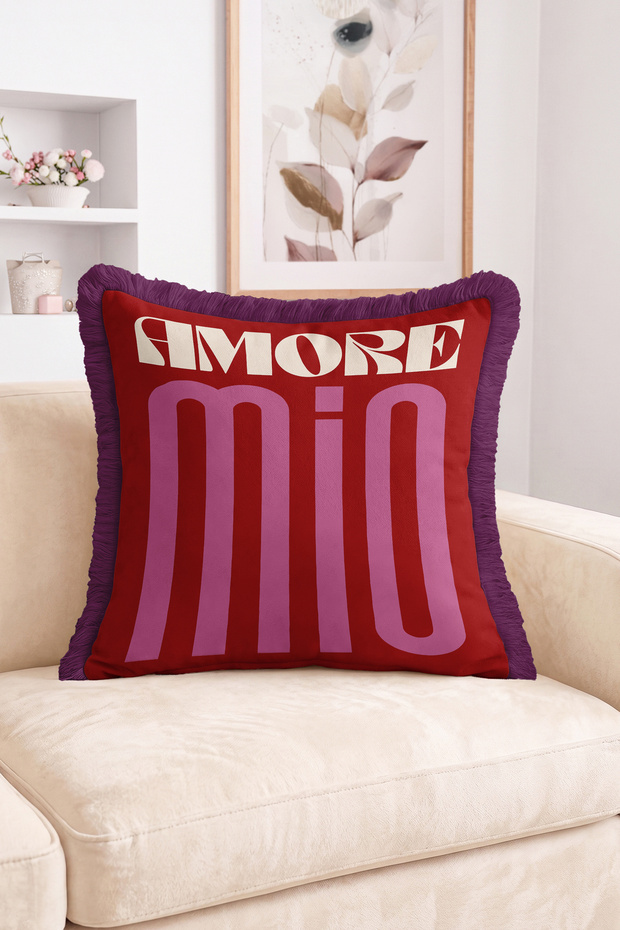 Amore Mio Written Retro Typography Design Fringed Throw Pillow Cover - Modern Decorative Pillowcase