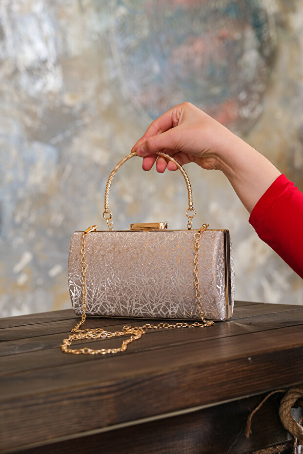 Women's Gold Complex Patterned Metal Handle Evening Dress Wedding Invitation Bag
