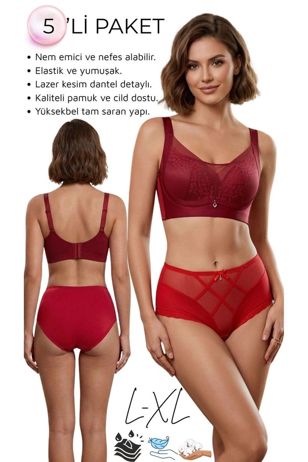 Women's Patterned High Waist Cotton Lace Detailed Panties Set of 5