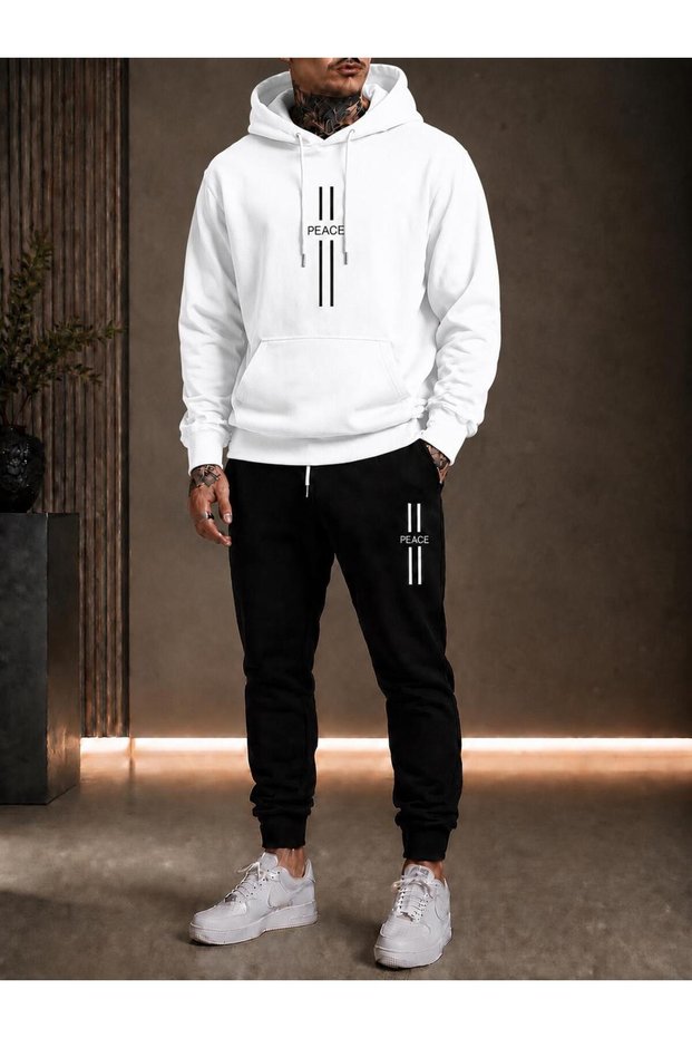 Men's Vertical Double Striped Peace Printed Hooded Tracksuit Set