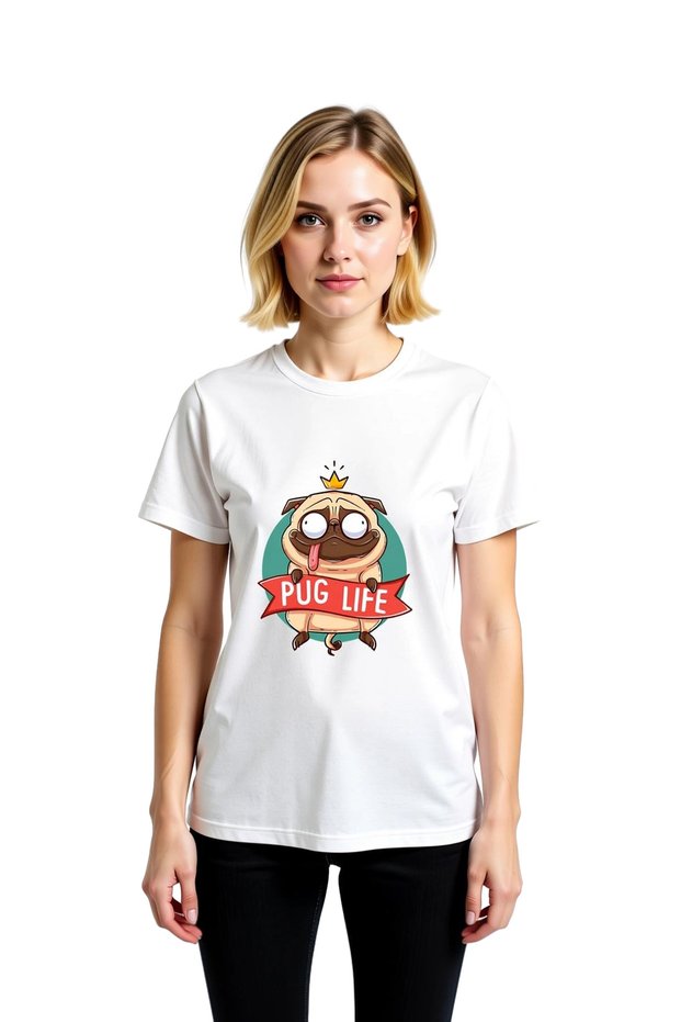 Women's Funny Pug Printed Short Sleeve T-Shirt Crown Motif Pet Lover Design Comfortable Casual