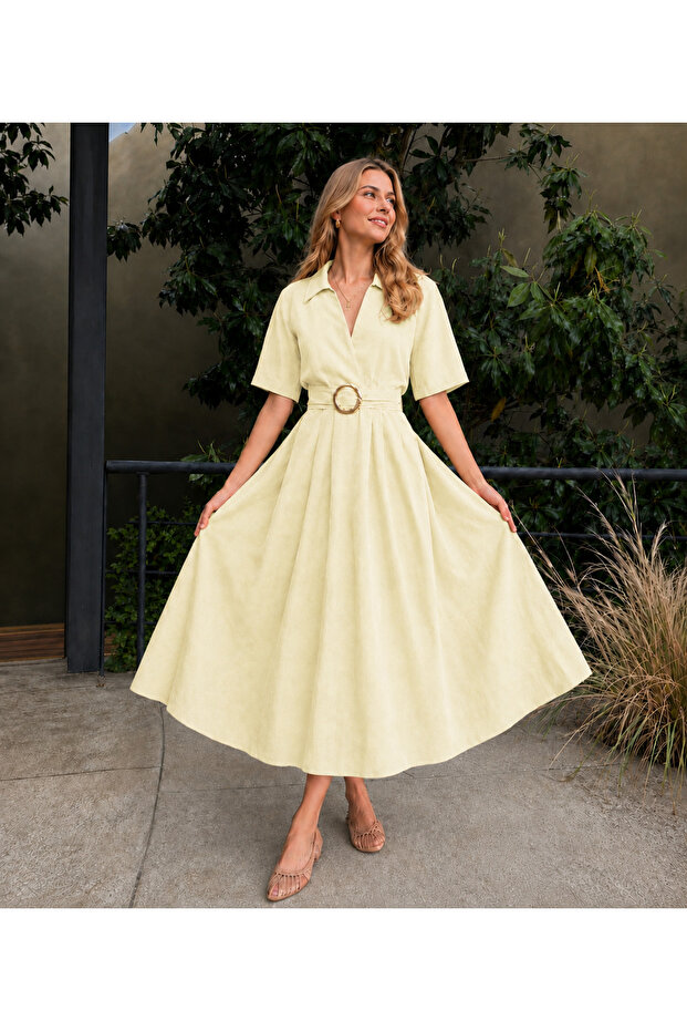 Linen Fabric Buckle Detailed Belted Midi Dress