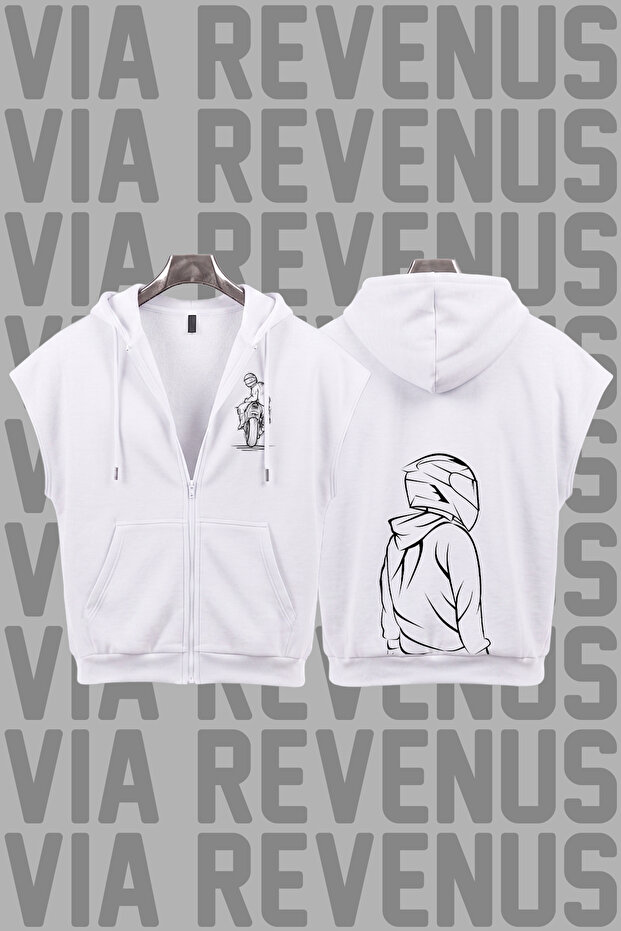 Biker Printed Sleeveless Zippered Hooded Sweatshirt Wide Fit 3 Thread Threaded Sports Vest