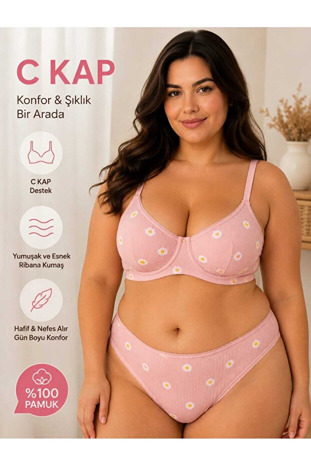 Women's C Cup Supported Gathering Cotton Bra and Panties Set 100% Cotton Ribbed