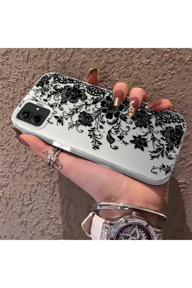 Samsung Galaxy A03/A04E/A04 Compatible Elegant Black Lace Flower Pattern Case, High Quality Case