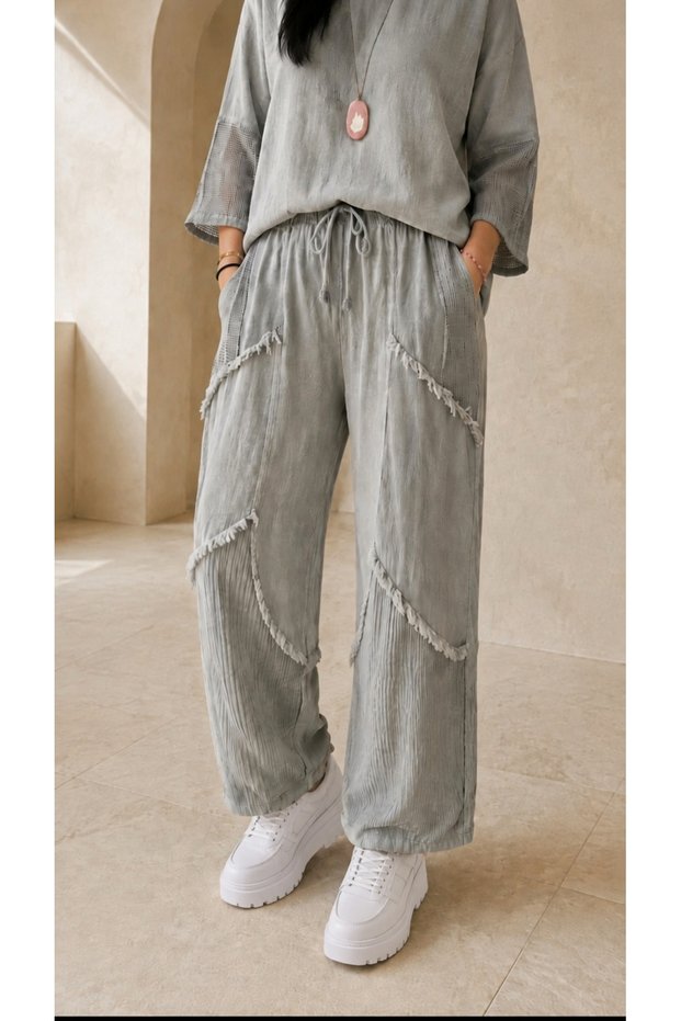 Double Pocket Mesh Detailed Women's Linen Trousers 38-48