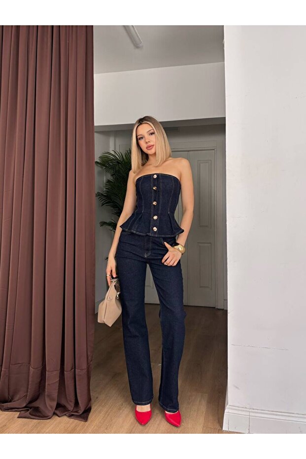 Women's Navy Blue Top and Bottom Set Strapless Buttoned Peplum Denim Blouse and Tube Leg Pants Set