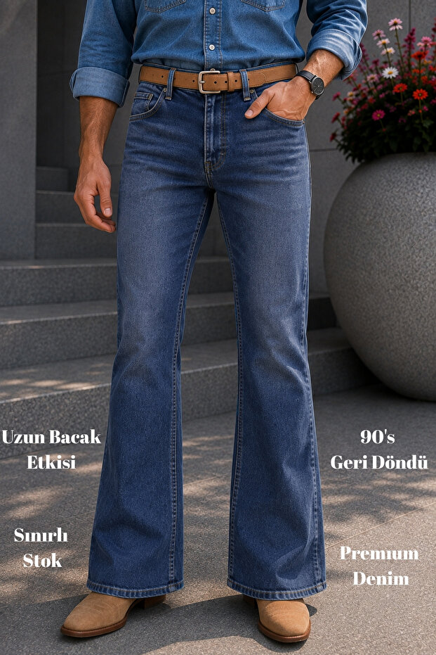Premium Series: Men's Retro Flare Bootcut Jeans - Wide Leg Stonewashed Denim Pants C370-A.Blue