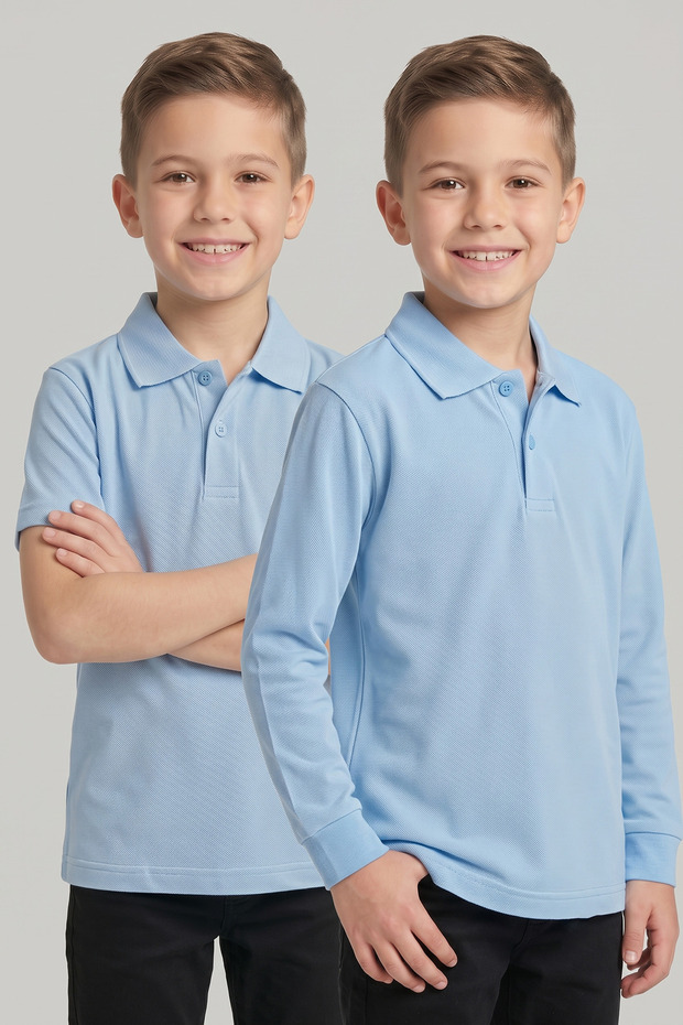 Children's Baby Blue 2-Piece Polo Collar Short Sleeve and Long Sleeve School T-Shirt