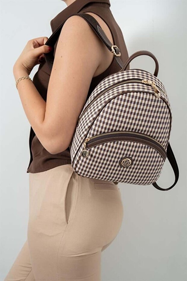 Coffee Yellow - Brown Plaid Line Square Women's Backpack Sp945