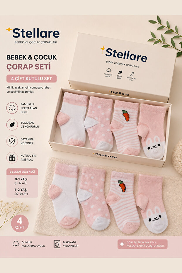 4 Pairs Boxed Patterned Soft Cotton Baby Socks Set