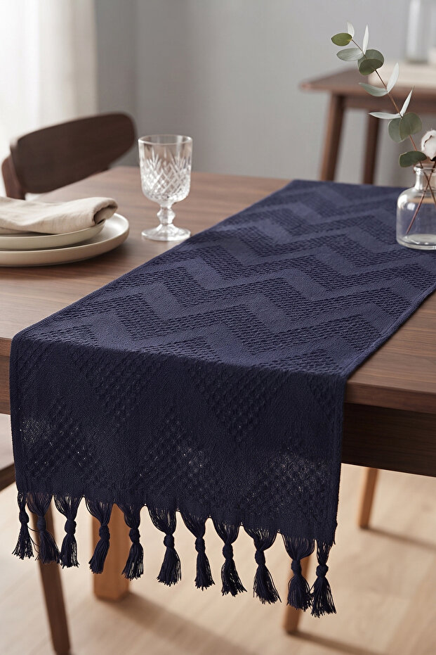 Zigzag Patterned Textured Tasseled Tablecloth Decorative Living Room and Kitchen Table Runner