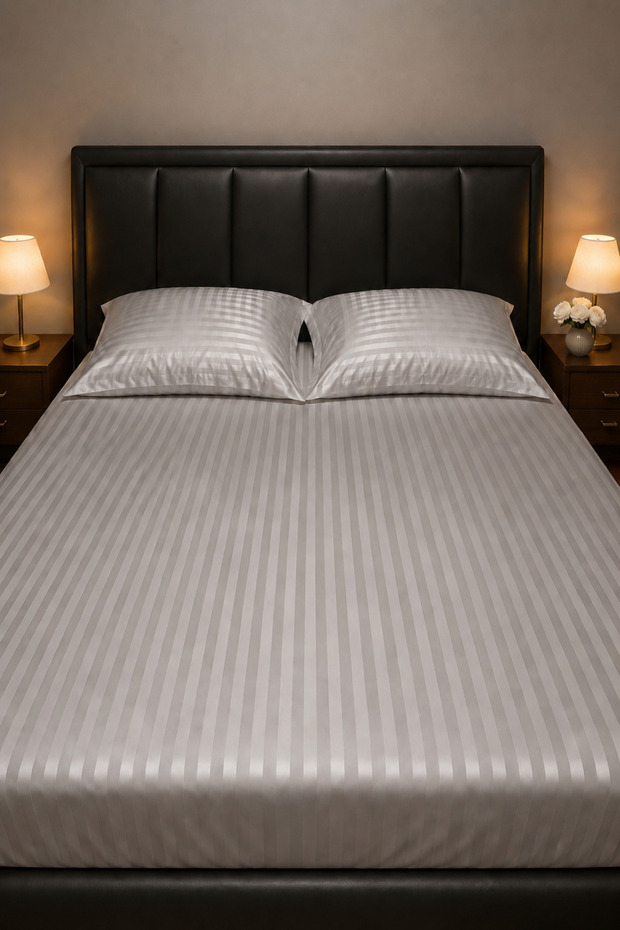 Striped Micro Satin Elastic Bed Sheet and Pillow Set Single and Double Size Shiny Soft Textured Fitted