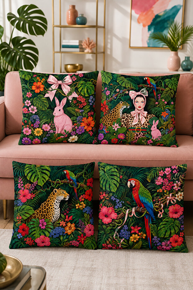 Botanical Animals in the Forest Patterned Set of 4 Throw Pillow Covers