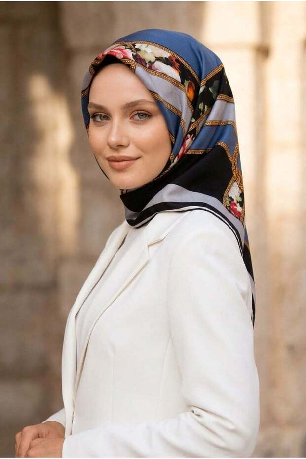 100% Twill Silk Stripes Belt and Flower Patterned Indigo - Gray Colored 90X90 Scarf Sewing Shape: Hand