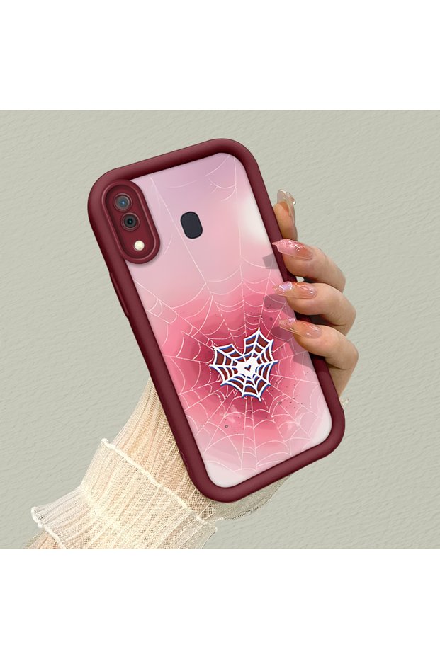 Samsung Galaxy A20/A30 Compatible Pink Gradient Heart Spider Web Patterned Silicone Case