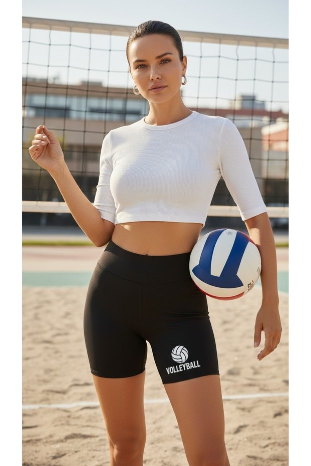 Women's Black High Waist Volleyball Ball and "Volleyball" Printed Sports Shorts / Biker Shorts