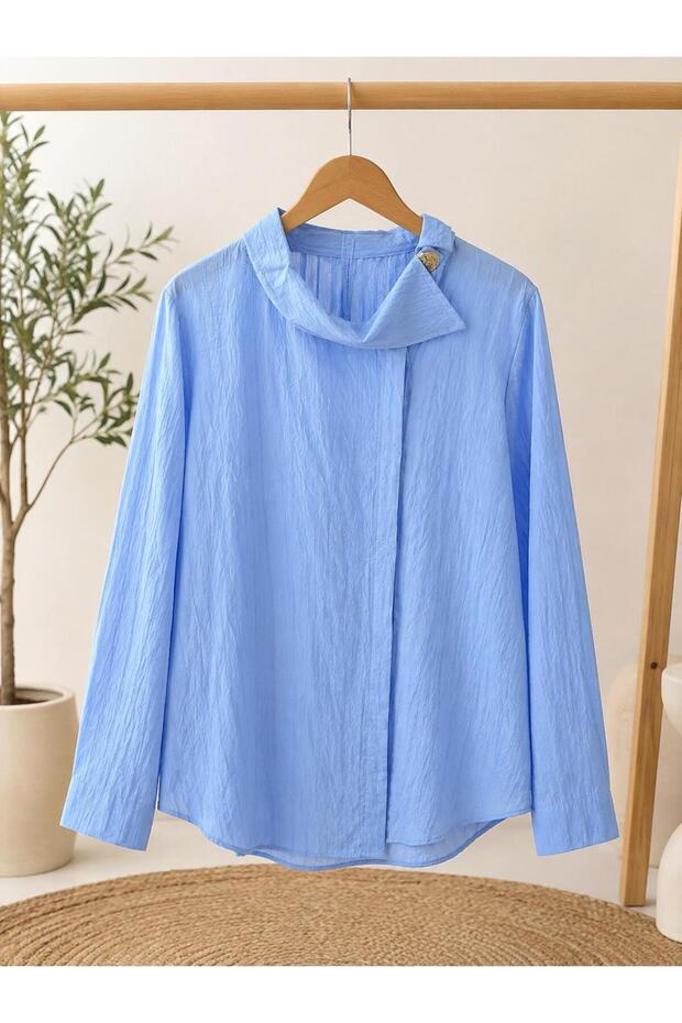 Women's Blue Shawl Collar Detailed Long Sleeve Shirt