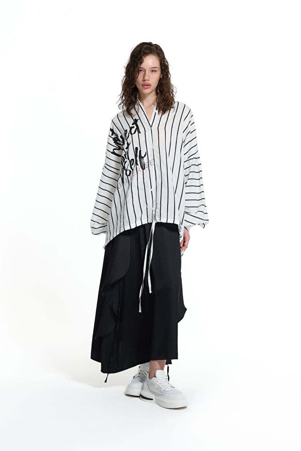 White Black Text Detailed Striped Shirt 19008