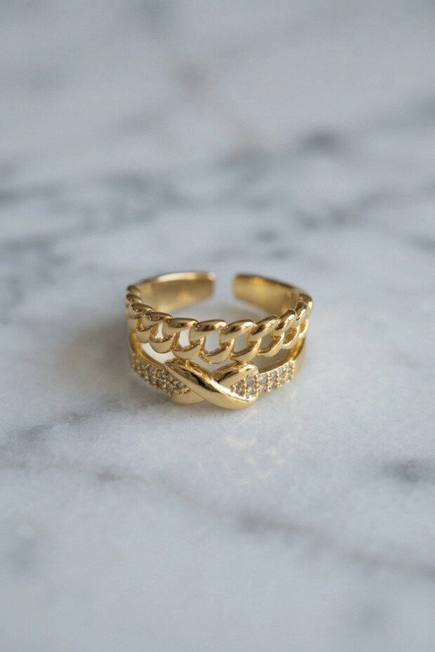 ® Adjustable Gold Color Ring with Chain and Knot Detail