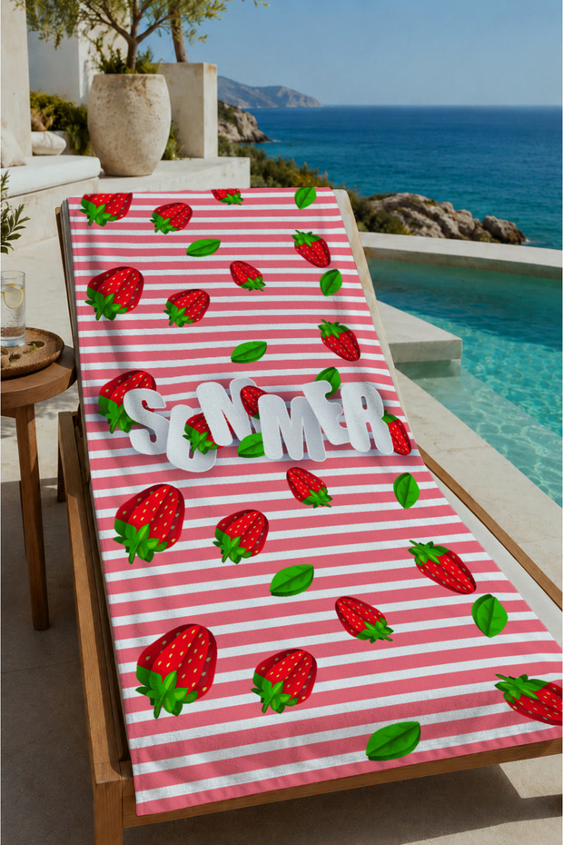 Red Green Striped Watermelon Summer Written 70X150 Beach Towel - Digital Printed Fade-Resistant Bath Towel