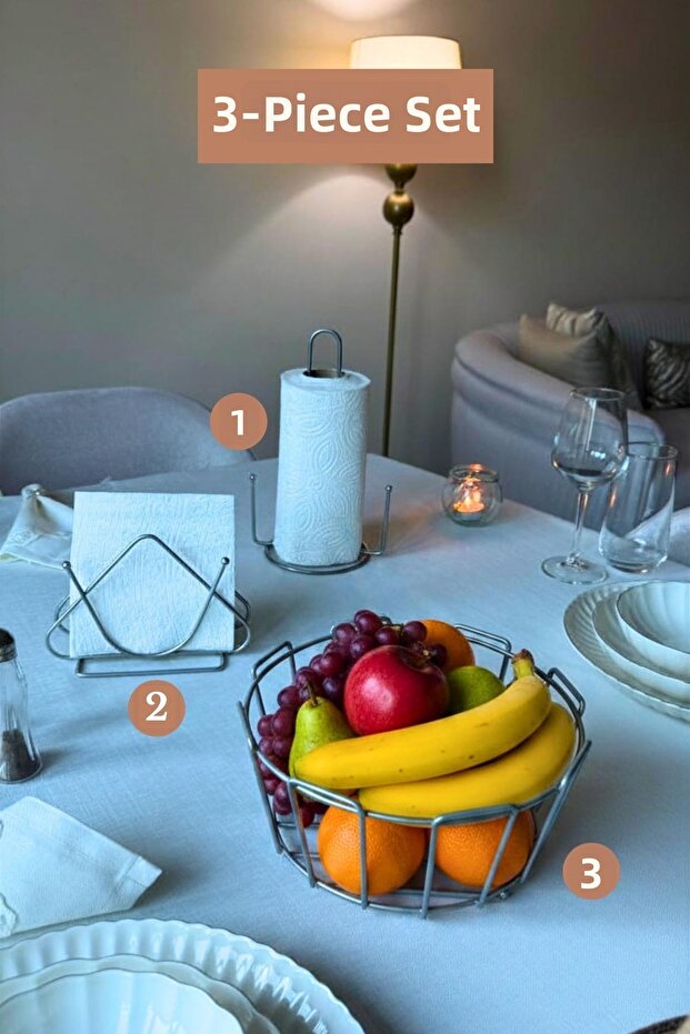 Set of 3 Matte Silver Triangle Napkin Holder Upright Paper Towel Holder Oval Corner Fruit Basket Kitchen Set