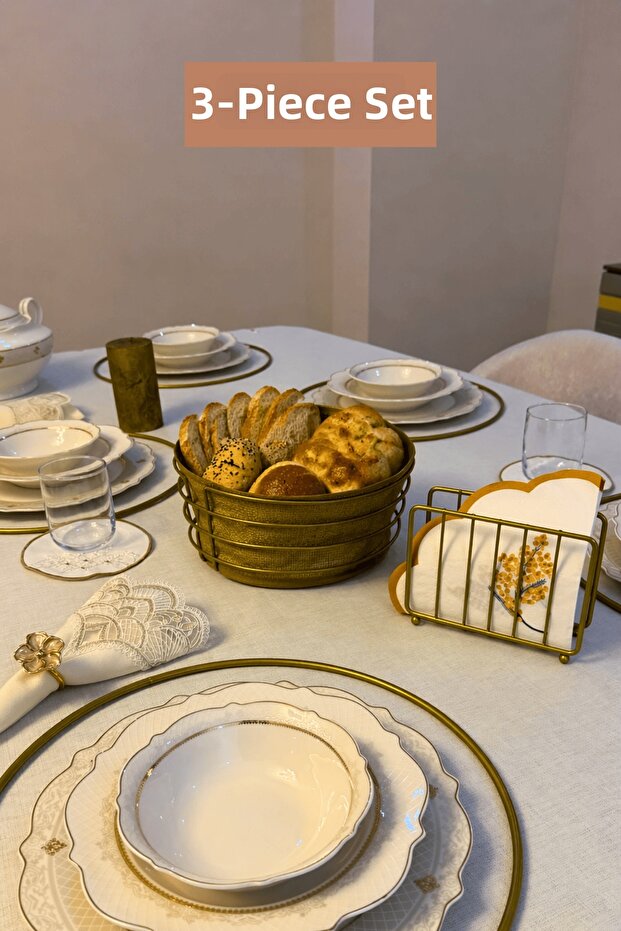 Set of 3 Matte Gold 6-Piece Supla Cage Napkin Holder Round Bread Basket Kitchen Set